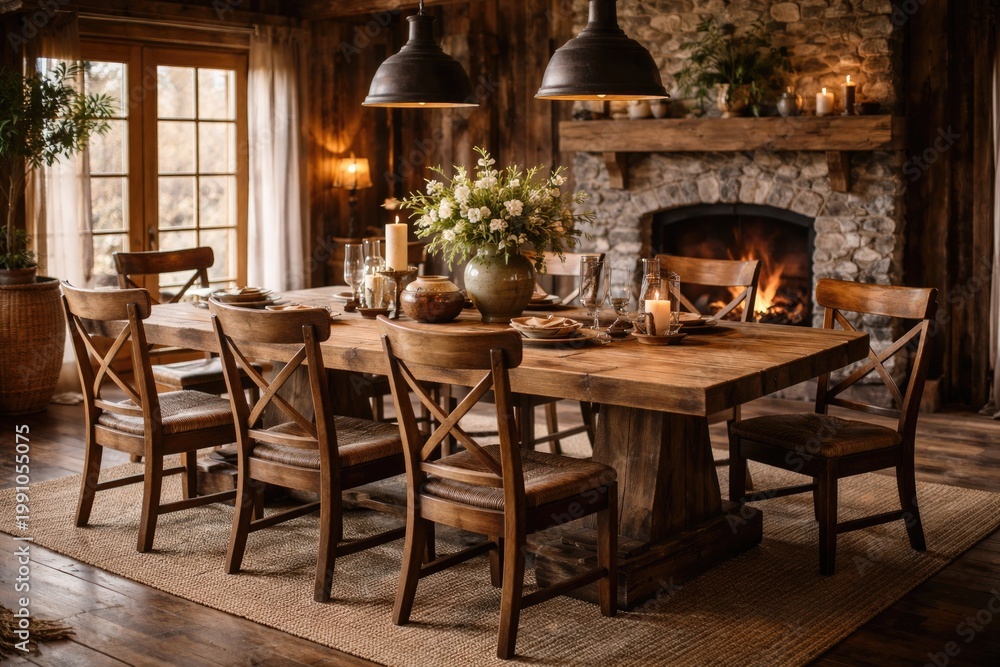Obraz premium Rustic dining room featuring handcrafted wooden table and matching chairs