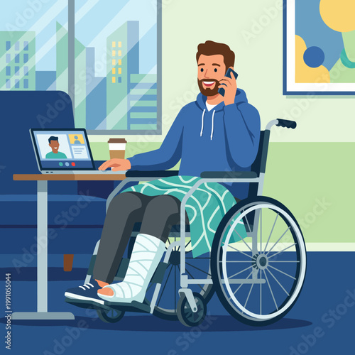 A cheerful man in a wheelchair engages in a video call while sitting comfortably at a table, illustrating resilience and connection in challenging times.