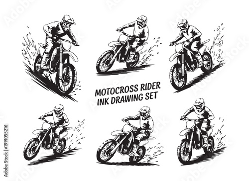 Motocross rider ink drawing set featuring dirt bike athletes performing extreme stunts and racing.