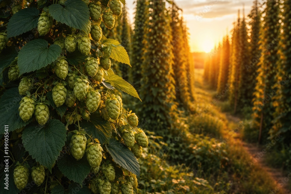 Fototapeta premium Lush hop plants growing in a golden hour field illustrating artisanal beer heritage