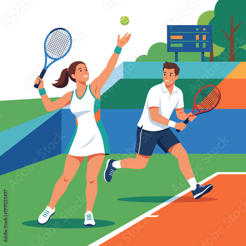 This image portrays two tennis players engaged in an exciting match, capturing action, anticipation, teamwork, and the competitive spirit found in sports.