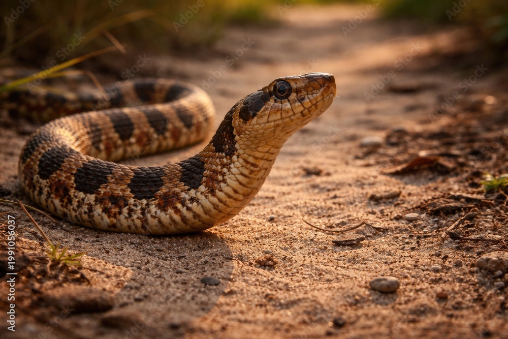 Naklejka premium Alert hognose snake exploring sandy trail with natural textured ground surface