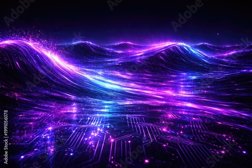 Neon cyber waves glowing on dark ocean with purple circuit board reflections