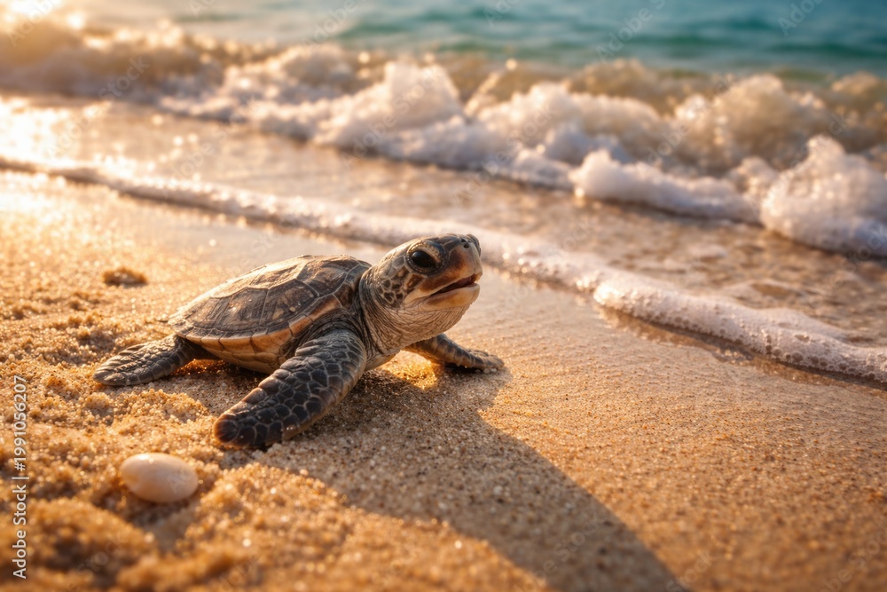 Obraz premium Joyful newborn loggerhead turtle hatchling crawling towards ocean waves on sandy beach