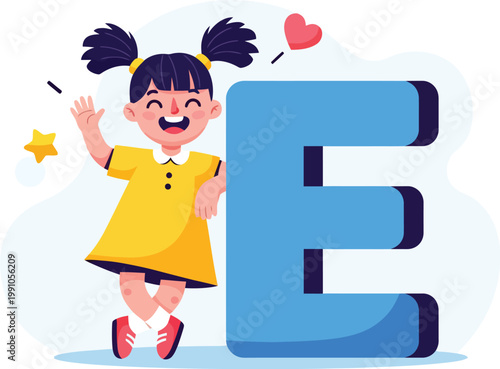 Cartoon little girl with letter E, cute child character leaning on large blue alphabet block, educational preschool vector illustration