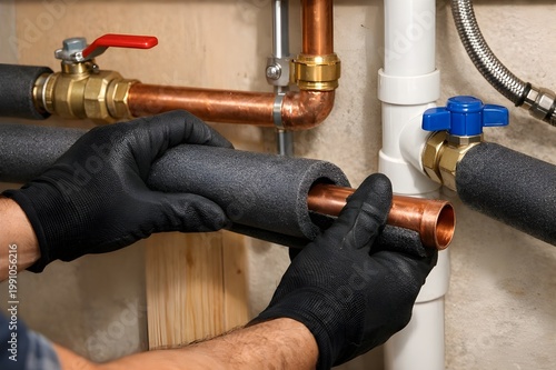 Professional Plumber Installing Pipe Insulation on Residential Water Pipes in Utility Room, Wrapping Foam Insulation Sleeves on Copper and PVC Plumbing Lines for Energy Efficiency Home Maintenance
