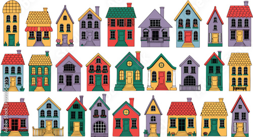 Vector Set of Colorful Cartoon Houses, Diverse Neighborhood Architecture Collection, Tiny Cute Cottages and Residential Buildings