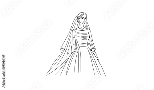 A minimalist line art illustration of a bride in a wedding dress