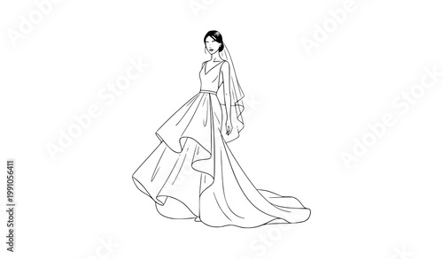 A minimalist line art illustration of a bride in a beautiful wedding dress