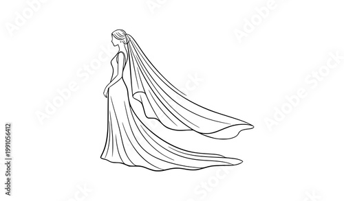 A minimalist line art illustration of a bride in a flowing wedding dress