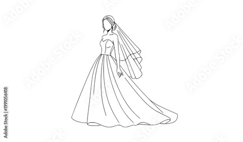 A minimalist line art illustration of a bride in a wedding dress