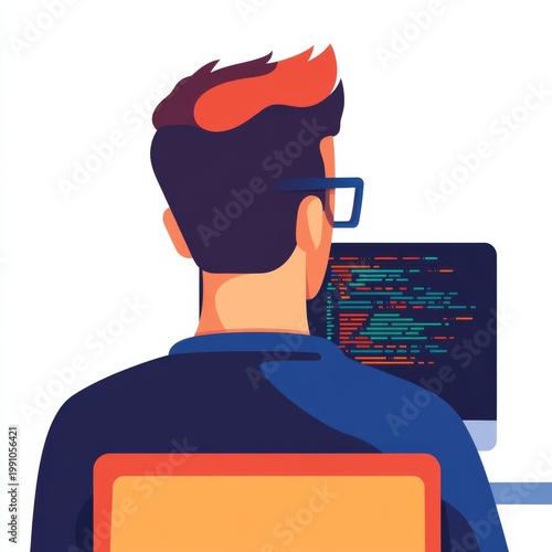 Rear view of a developer with blue glasses and orange hair, coding on a monitor. Flat design illustration depicting programming focus and tech work., coding, programmer