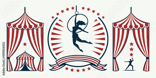 Vintage circus performance with tents and aerialist illustration, vector