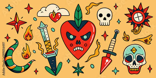 Set of traditional old school tattoo style illustrations, vector