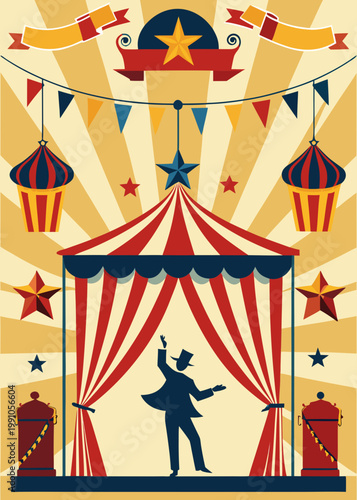 Vintage circus show poster with ringmaster and big top, vector
