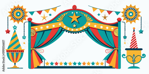 Colorful circus carnival stage with stars and curtains, vector