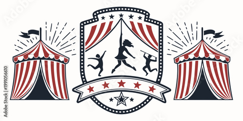 Vintage circus emblem with performers and tents, vector