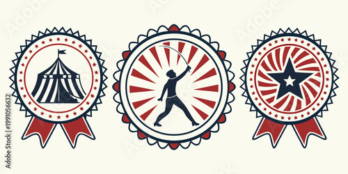 Set of vintage circus emblems and badges, vector