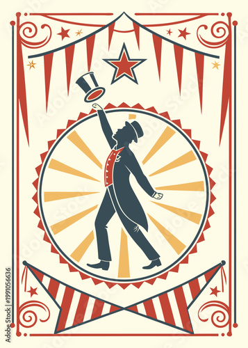 Vintage ringmaster silhouette circus show poster, vector