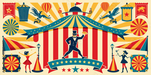 Vintage circus performance with ringmaster and big top tent, vector