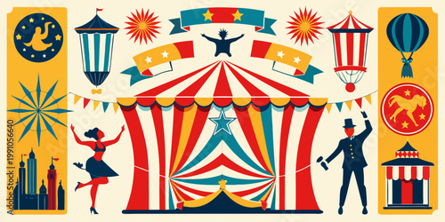 Vintage circus carnival elements set with tent and performers, vector