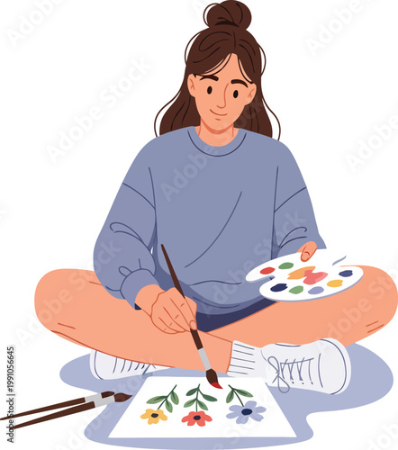 Creative female artist painting flowers on paper, young woman sitting cross-legged with palette and brush, flat vector illustration of hobby and art