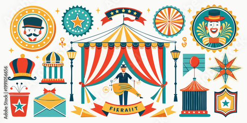 Vintage circus carnival elements and show graphics set, vector