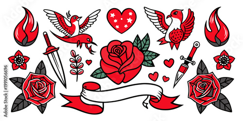 Set of classic American traditional tattoo flash illustrations, vector