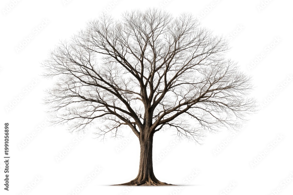 Obraz premium Leafless tree with reaching branches standing against a clean white background