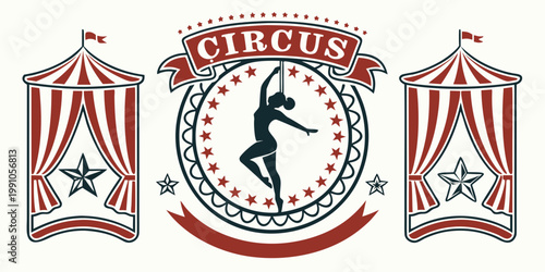 Vintage circus emblem with acrobat and striped tents, vector