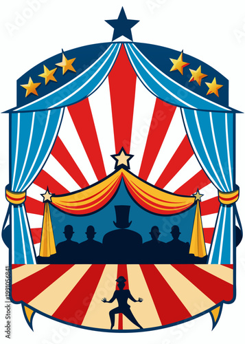 Vintage circus tent stage with audience silhouettes, vector