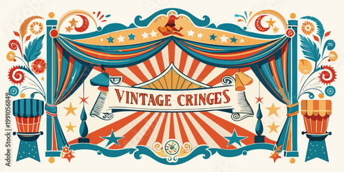 Vintage circus carnival stage banner with curtains and stars, vector