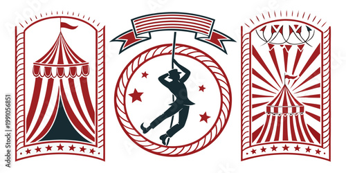 Vintage circus tent and acrobat label collection, vector