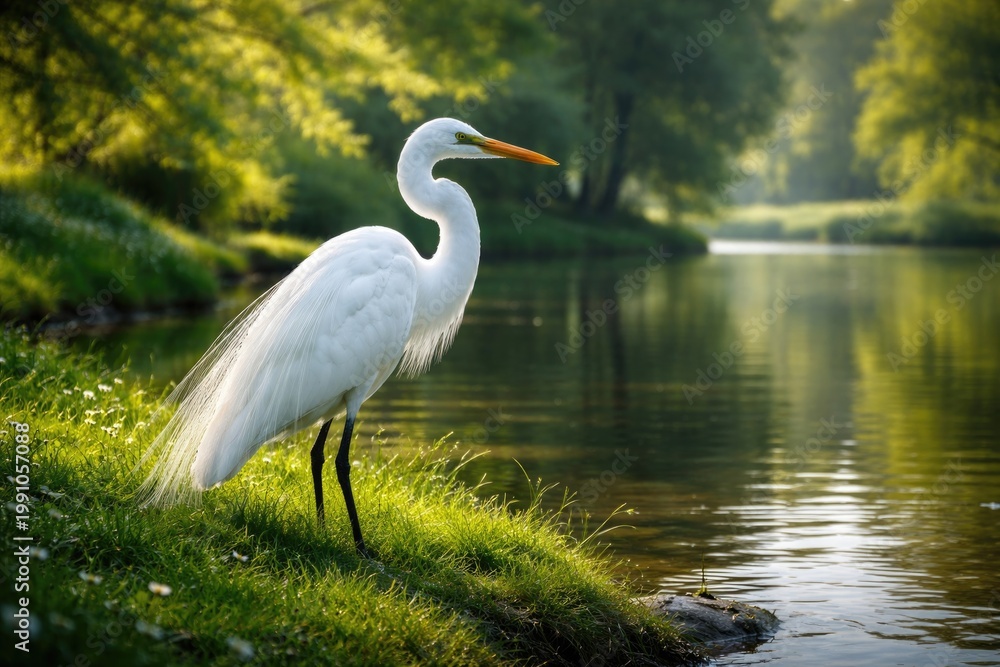 Obraz premium Graceful egret with white plumage standing by tranquil pond on lush green grass
