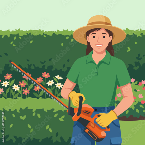 A cheerful woman stands in a lush garden, skillfully using an electric hedge trimmer surrounded by blooming flowers, showcasing the joy of gardening and nature's beauty.