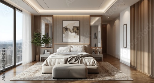 Stylish modern bedroom layout in upscale condo with natural light and copy space