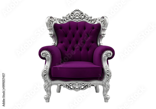 Luxurious purple armchair with silver frame isolated on transparent background