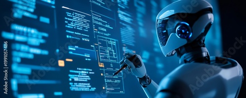 Side-view of advanced AI robot with stylus, programming blue digital interface. Concept Future software development, data intelligence, automation. AI, Programming