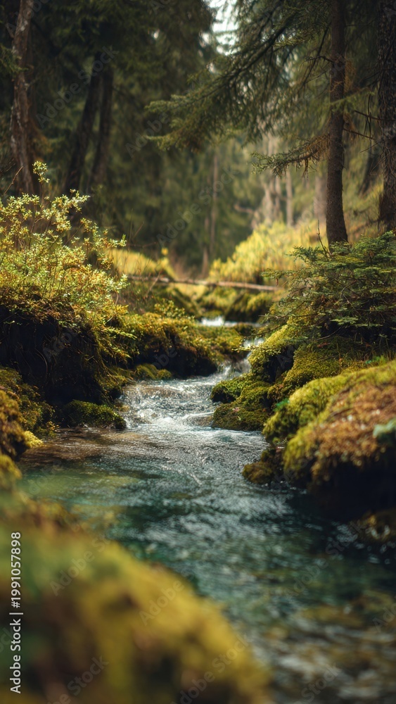 Obraz premium Forest Stream Flowing Through Mossy Rocks