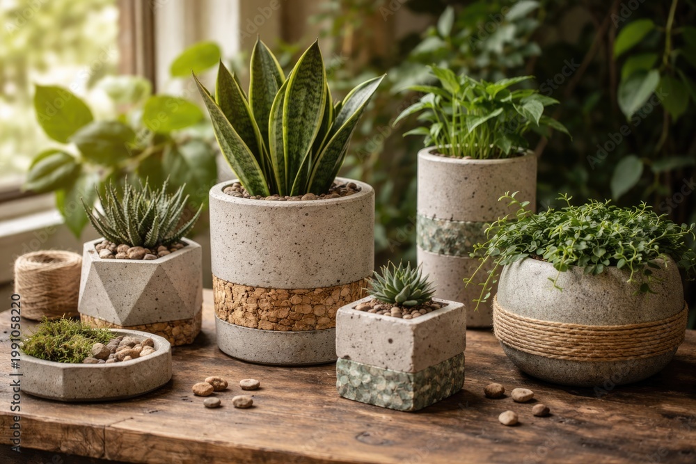 Fototapeta premium Handcrafted plant decor using environmentally friendly concrete and cement with recyclable elements