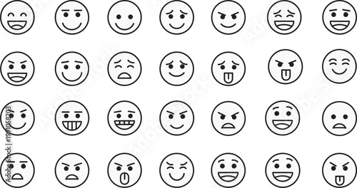 Simple Emoji Faces Outline Icon Set with Various Emotions and Expressions