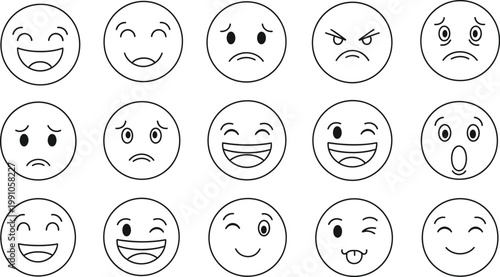 Emoji Faces Line Icon Set Showing Different Emotions and Expressions