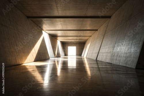 Minimalist warehouse interior with sloped concrete walls and bright sunlit openings reflecting on polished floors