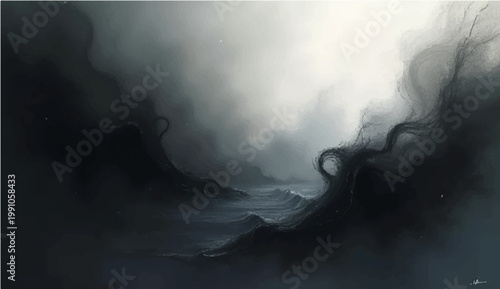 An expressive artwork that vividly depicts a turbulent sea, captured with a painterly touch to evoke raw emotions.