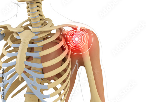 Human skeleton with highlighted shoulder pain area on transparent background