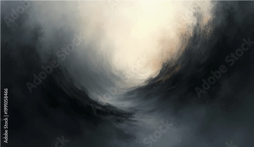 A surreal vortex of dark clouds swirls, creating a dramatic and abstract atmospheric scene, hinting at both turmoil and the promise of light, capturing the powerful forces of nature.