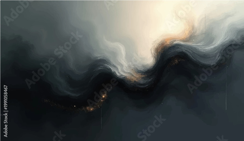 An abstract painting captures a dramatic sky with billowing storm clouds.