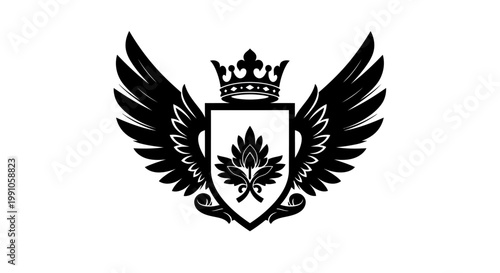 Black and white crest with wings and crown.