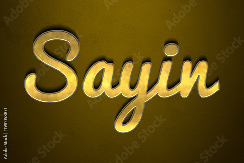 Old gold text effect of Turkish name Sayin with 3D glossy style Mockup.