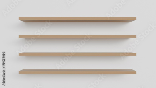 Four empty wooden wall shelves against a light background for product placement, interior design, object presentation